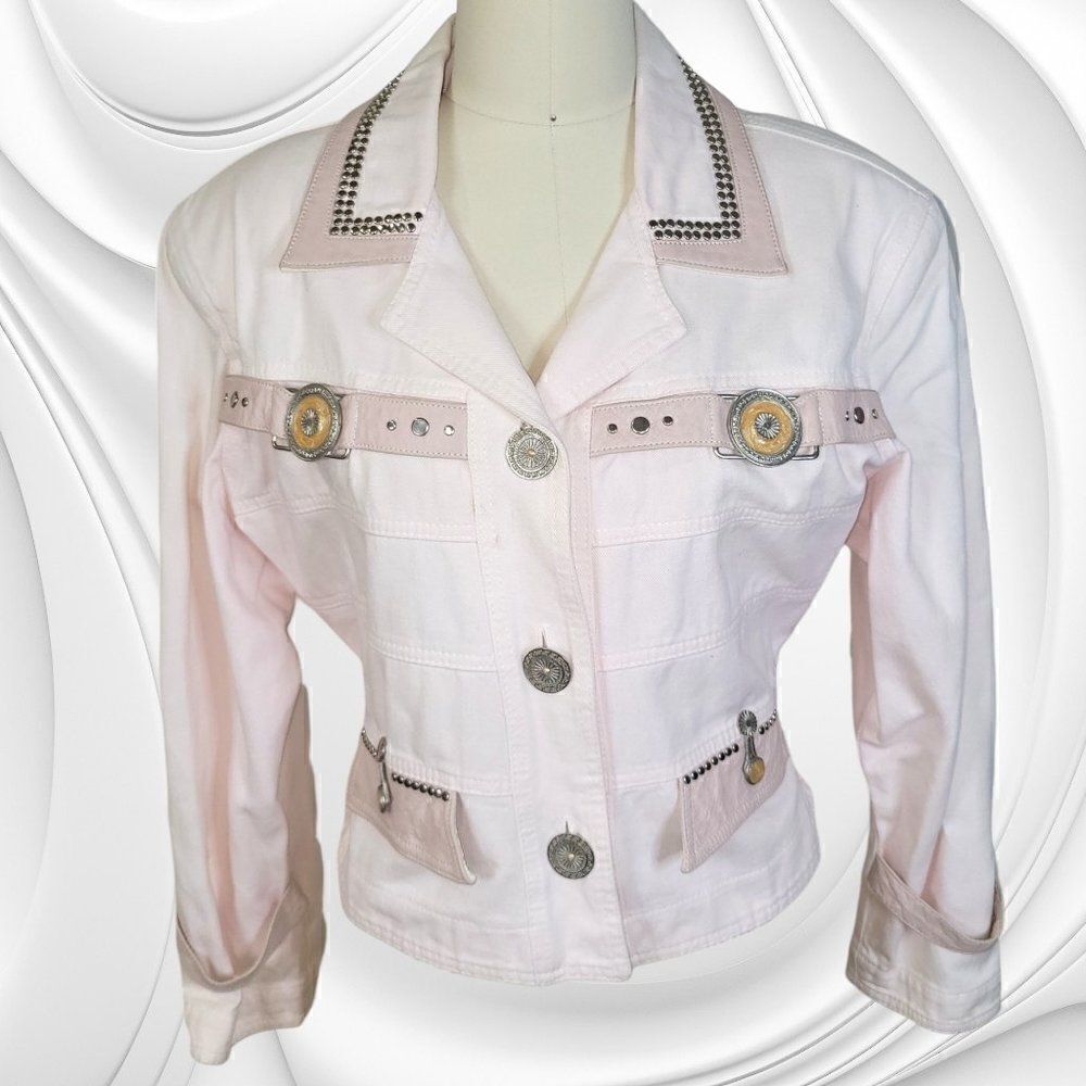 Cache vintage 80s soft pink rivet straps medallion faux leather denim jacket